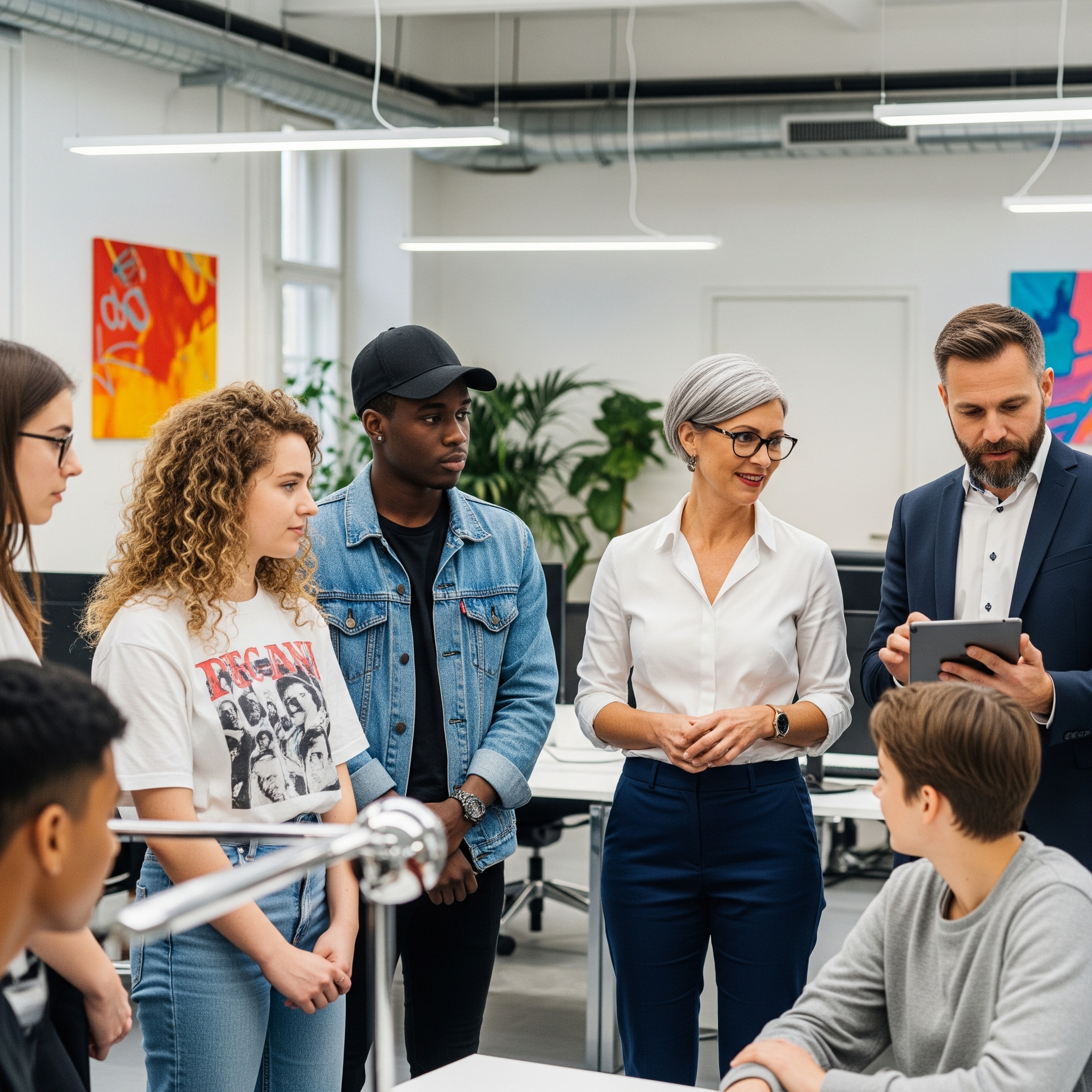 Equipo diverso de profesionales PRAXCV colaborando en oficina moderna con tecnología avanzada - Innovación y trabajo en equipo