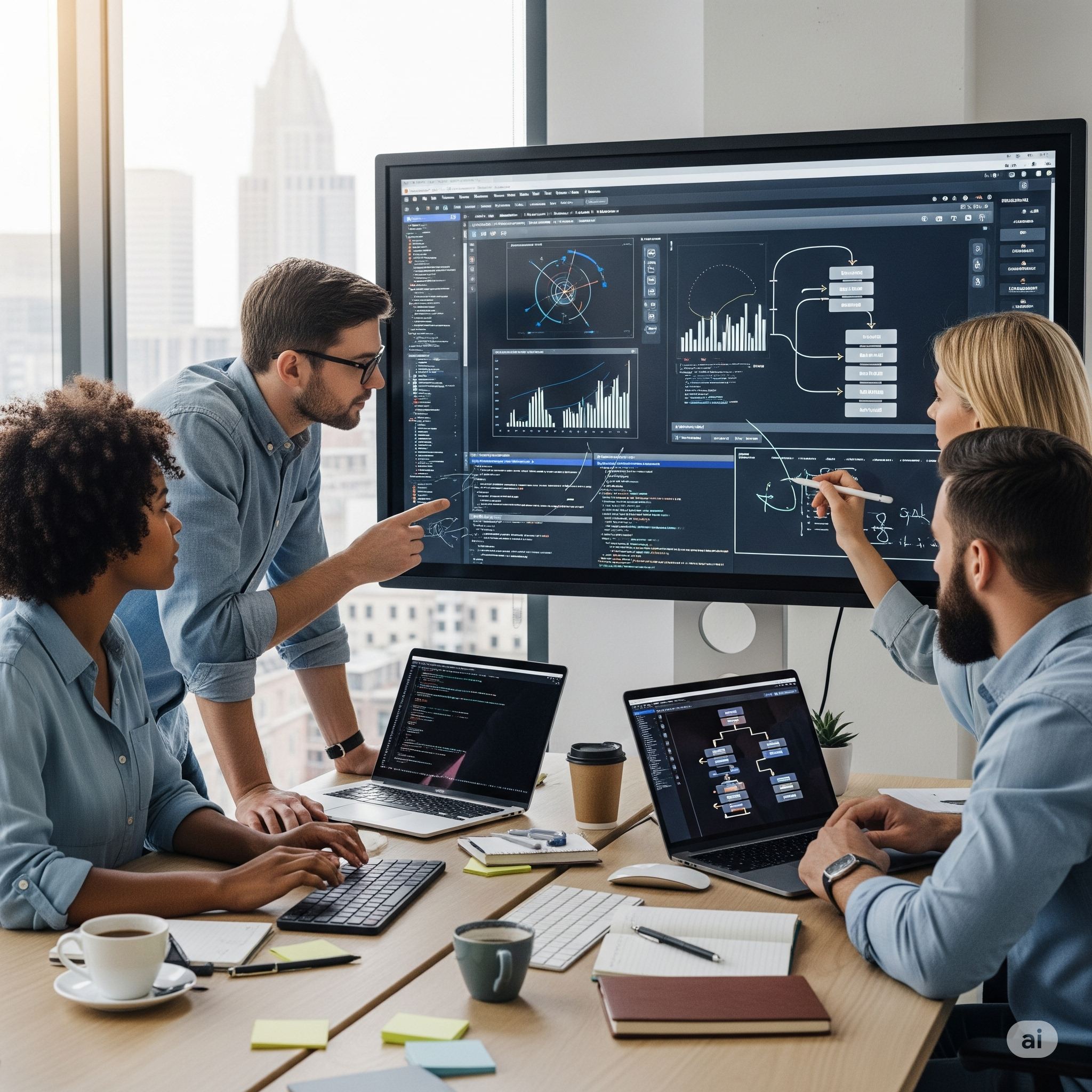 Equipo multidisciplinar PRAXCV analizando datos y visualizaciones complejas en monitor grande - Profesionales diversos colaborando en análisis técnico y toma de decisiones basada en datos