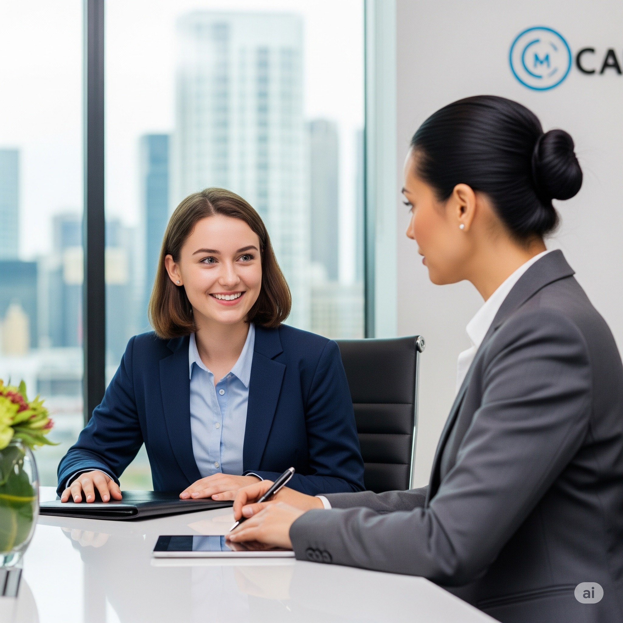 Consulta profesional de negocios - Dos profesionales en reunión de trabajo en oficina moderna, representando nuestra misión de facilitar conexiones efectivas entre el mundo educativo y empresarial