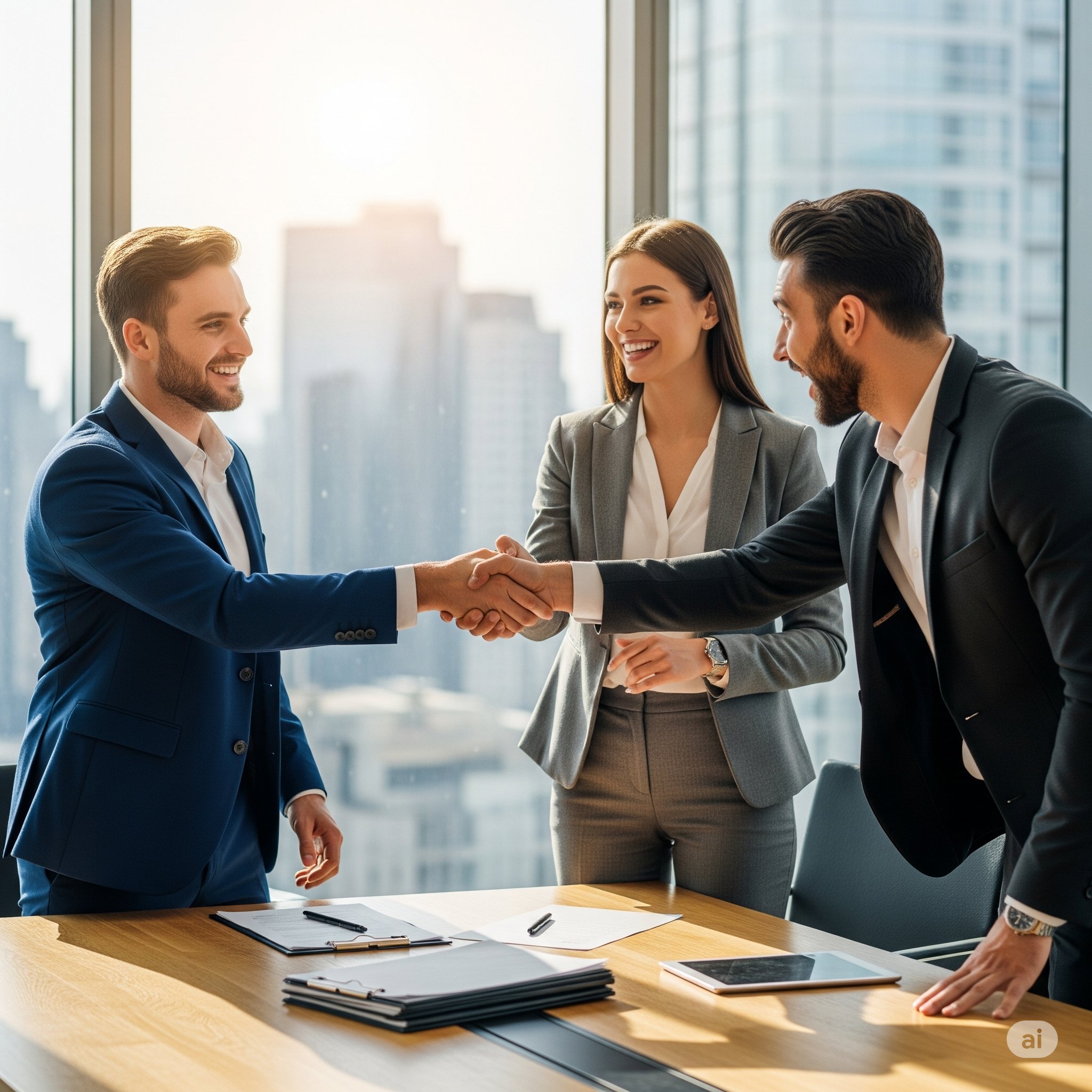 Tres profesionales de negocios sellando un acuerdo exitoso con apretón de manos en oficina moderna - Valores PRAXCV en acción: confianza, profesionalidad y relaciones sólidas
